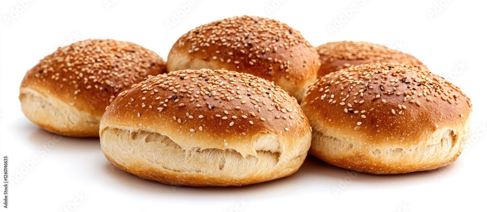 Aufkleber Golden-brown sesame seed buns arranged in a cluster on a pristine white background showcasing their soft texture and inviting appearance.