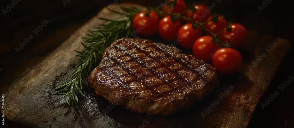 Poster grilled beef steak garnished with fresh rosemary placed on a wooden board alongside ripe red tomatoe