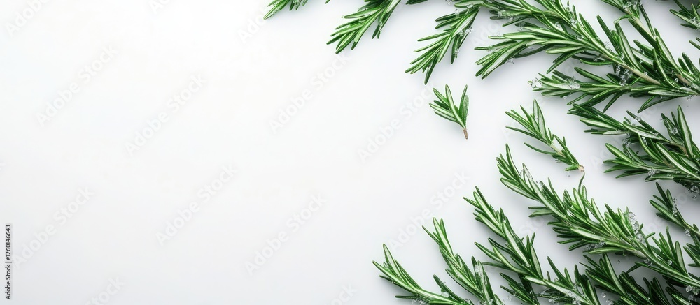 Poster vibrant green rosemary twigs arranged on a clean white background highlighting their unique texture 