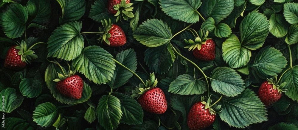 Poster vibrant red strawberries embedded within lush green foliage create a fresh, appealing composition hi