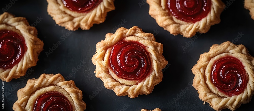 Poster Crostata cookies with jam filling in Fibonacci swirl design arranged on dark surface with rich golden pastry and vibrant red jam accents.