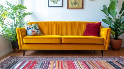 Cozy living room featuring a vibrant yellow sofa, decorative pillows, and lush indoor plants
