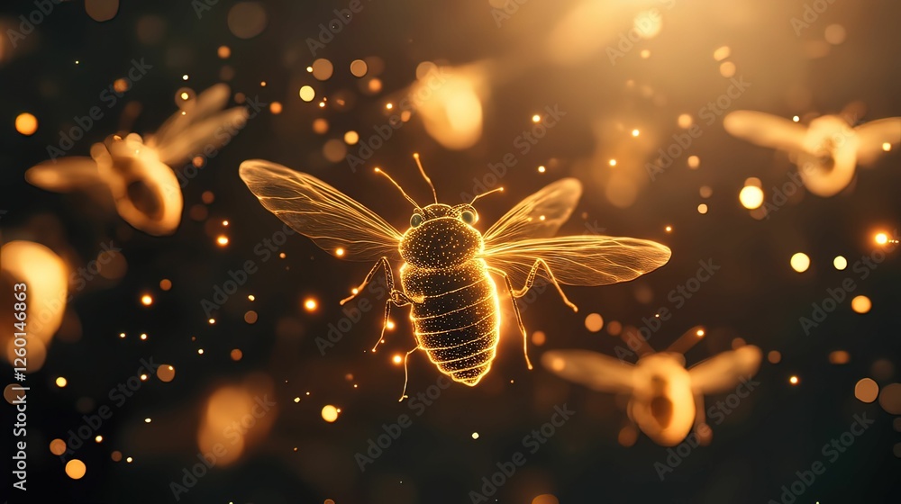Poster a mesmerizing scene of golden, glowing bees in flight, surrounded by sparkling particles, capturing 