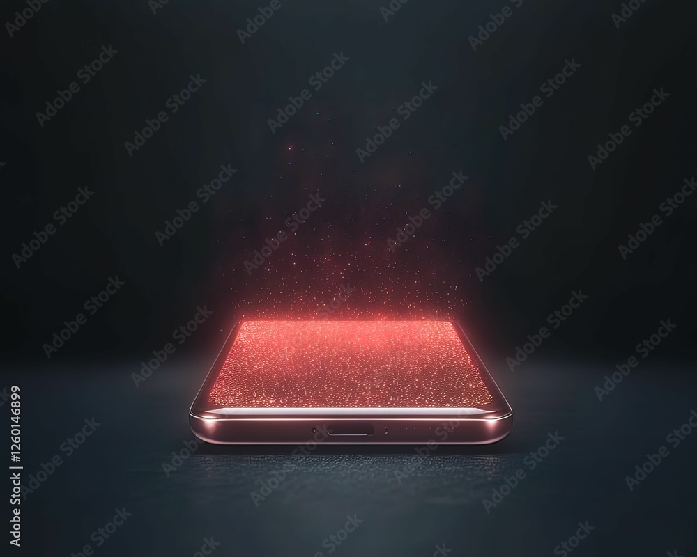 Poster a glowing smartphone emits vibrant red particles against a dark background, creating a futuristic an