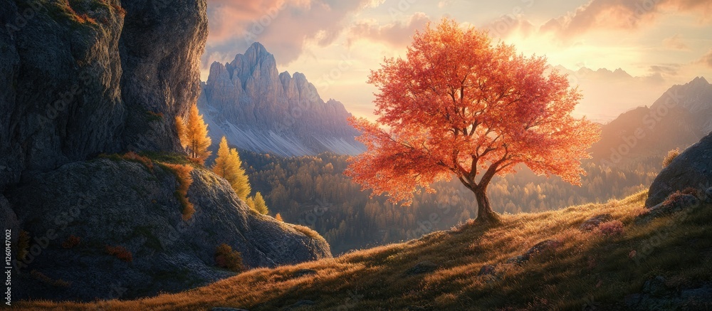 Poster vibrant red autumn tree positioned on a hillside with mountains in the background during sunset with