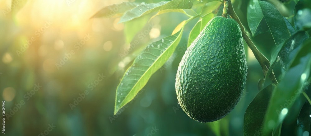 Poster ripe green avocado hanging on a mature tree branch with lush green leaves illuminated by soft sunlig