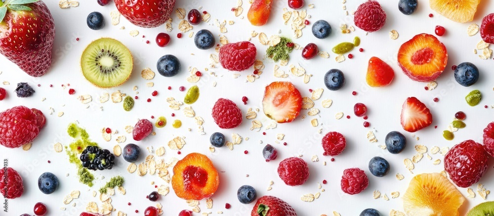 Poster vibrant arrangement of fresh summer berries and seeds scattered on white background with green kiwi 