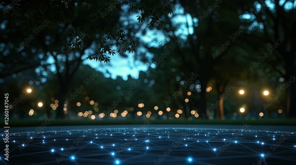 Poster a serene evening scene showcasing a pathway illuminated by soft blue lights, surrounded by trees and