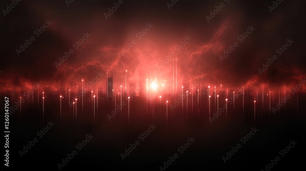 Poster a vibrant, abstract scene featuring red hues with light rays and a misty background, creating a dram