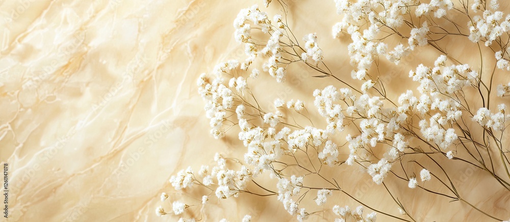 Aufkleber Delicate white Gypsophila flower clusters arranged on a soft beige background creating a spring-inspired flat lay with ample copy space on the right.