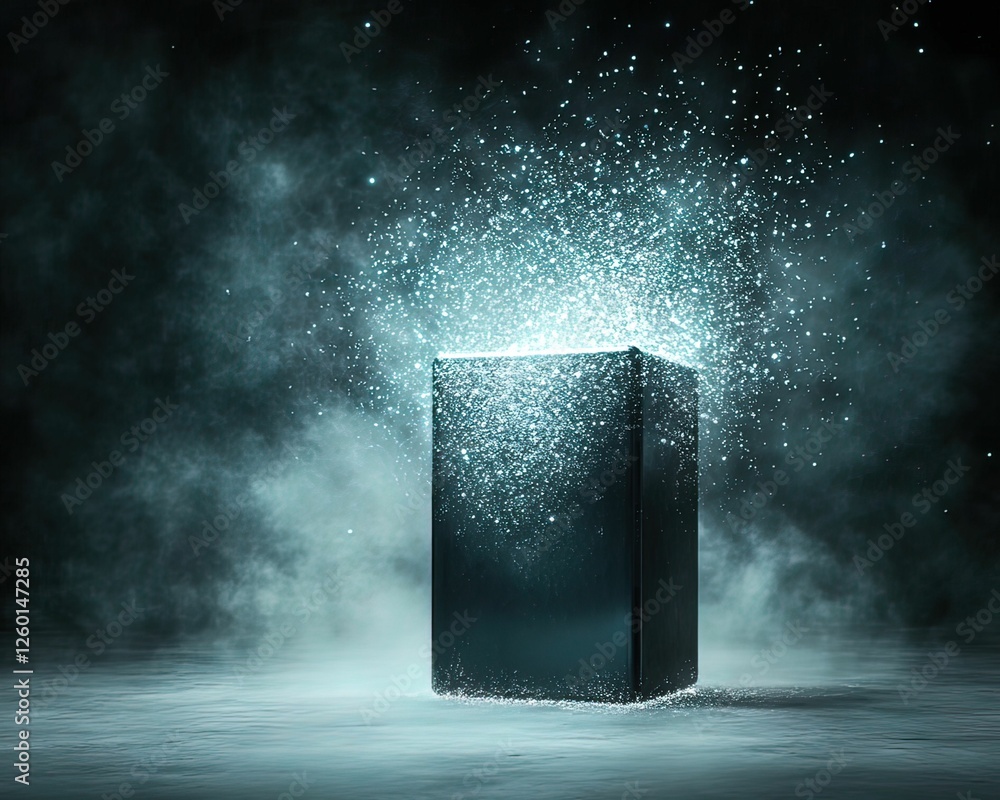 Poster a mysterious, glowing box emits sparkling particles in a dark, foggy environment, creating an ethere