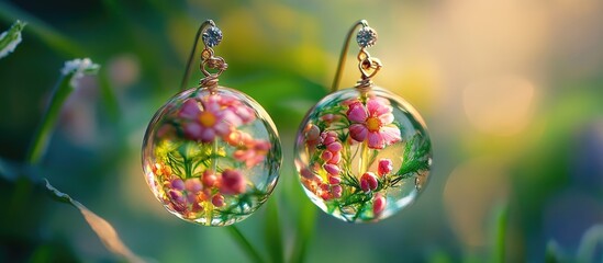 Obraz premium Colorful epoxy resin earrings with embedded flowers and plants, suspended in lush greenery with a soft blurred background, exuding natural elegance.