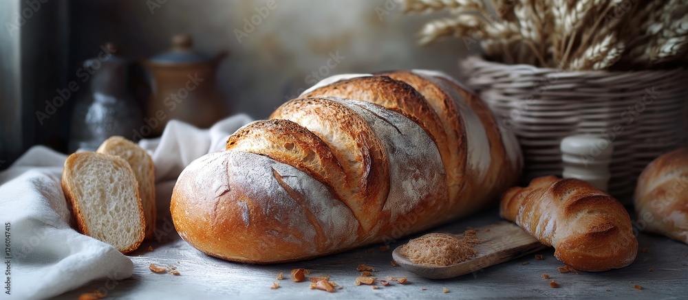 Poster freshly baked artisan bread loaf with golden crust and sliced pieces on a light grey countertop surr