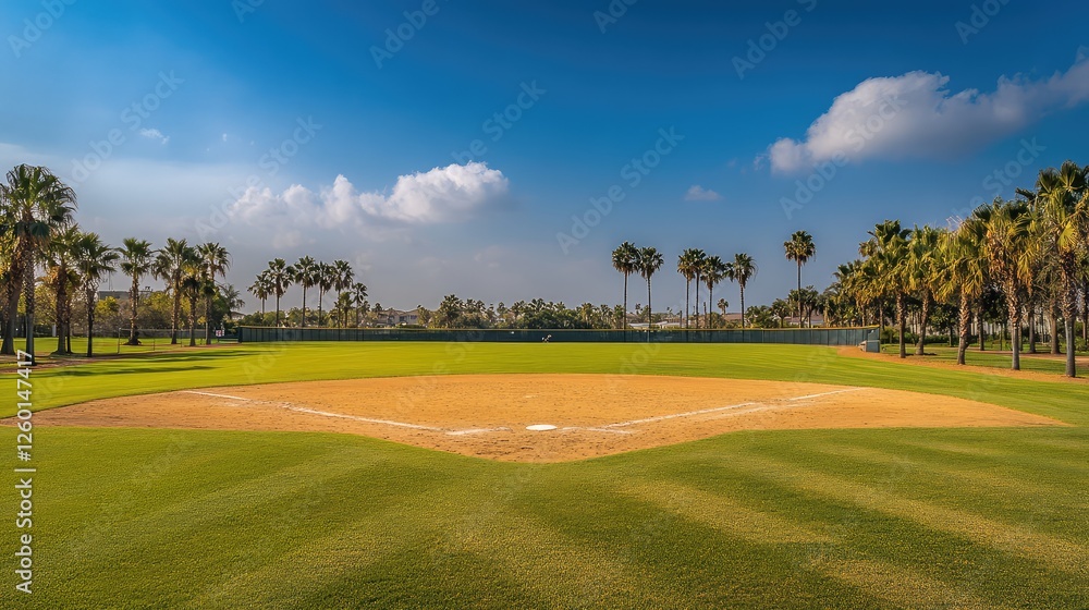 Poster a wide view of an empty baseball diamond, with the infield and outfield separated and clear for pote