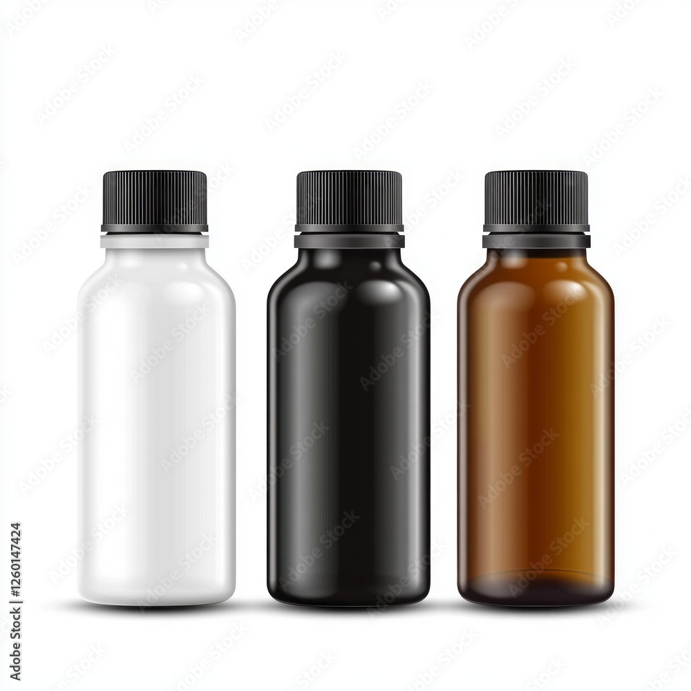 Poster three sleek bottles in black, white, and amber sit against a minimalist background. their modern des