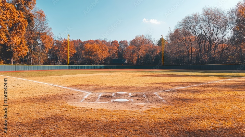 Poster a wide view of an empty baseball diamond, with the infield and outfield separated and clear for pote