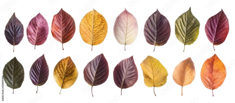 Aufkleber Multicolored autumn leaves collection with deep reds, yellows, and purples arranged in two rows on a clean white background.
