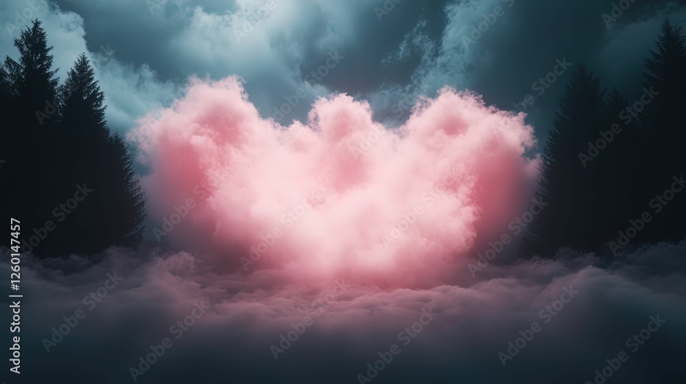 Poster a mystical scene featuring pink clouds emerging from fog amidst dark trees, creating an ethereal and