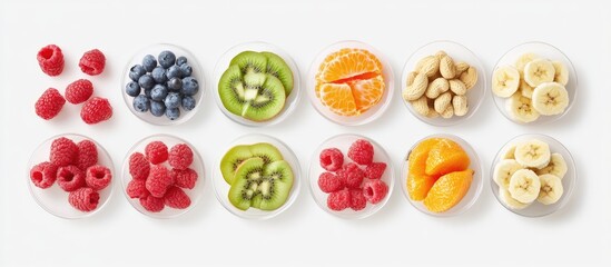 Healthy breakfast ingredients assortment featuring vibrant raspberries, blueberries, kiwi, orange slices, bananas, and nuts in circular containers, top view.