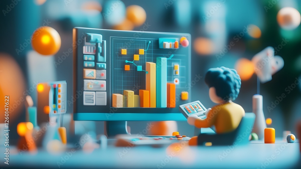 Poster a toy figurine sitting in front of a computer screen with graphs