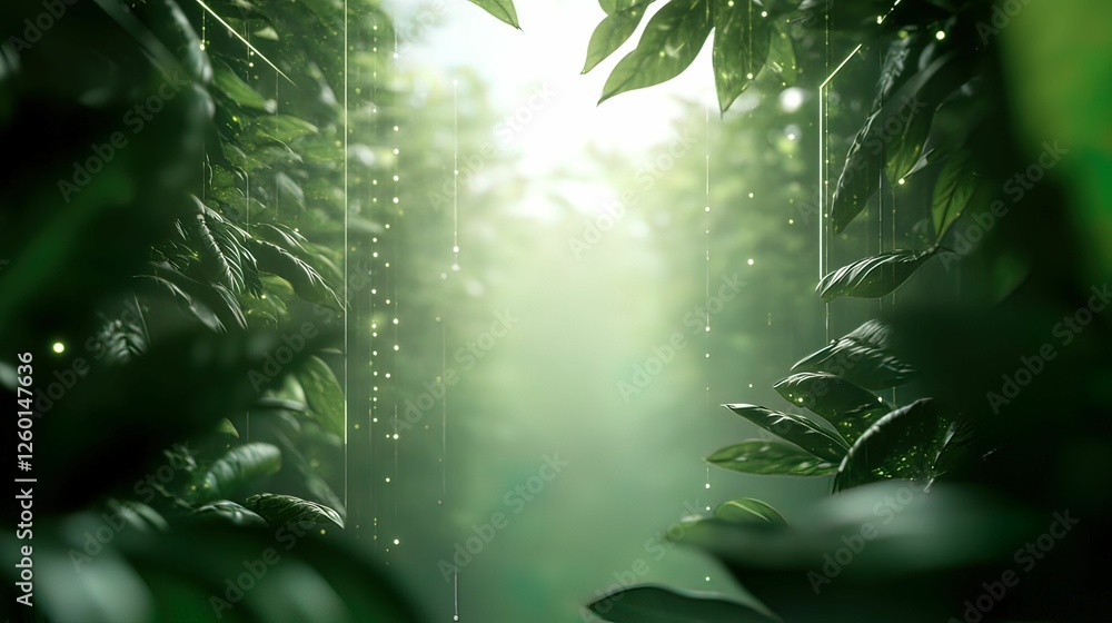 Aufkleber a serene forest scene illuminated by soft light filtering through lush green leaves, creating a tran