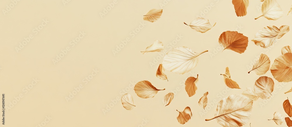 Poster autumn leaves in shades of golden brown and cream scattered across a soft beige background creating 