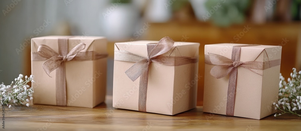 Poster festive gift boxes with brown ribbons arranged on a wooden table surrounded by greenery creating a c