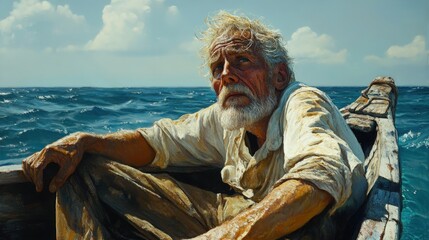 Old man relaxes in his wooden boat while fishing on a sunny day at sea