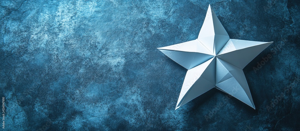 Aufkleber five pointed origami star in white positioned top left on textured blue background creating a contra