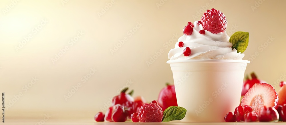 Poster delicious yogurt swirl topped with fresh raspberries and strawberries in a white cup, set against a 