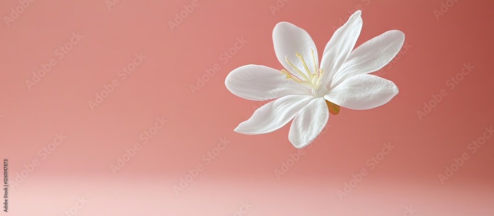 Poster Elegant white jasmine flower gracefully suspended against a soft pink background creating a serene levitation effect ideal for relaxation themes