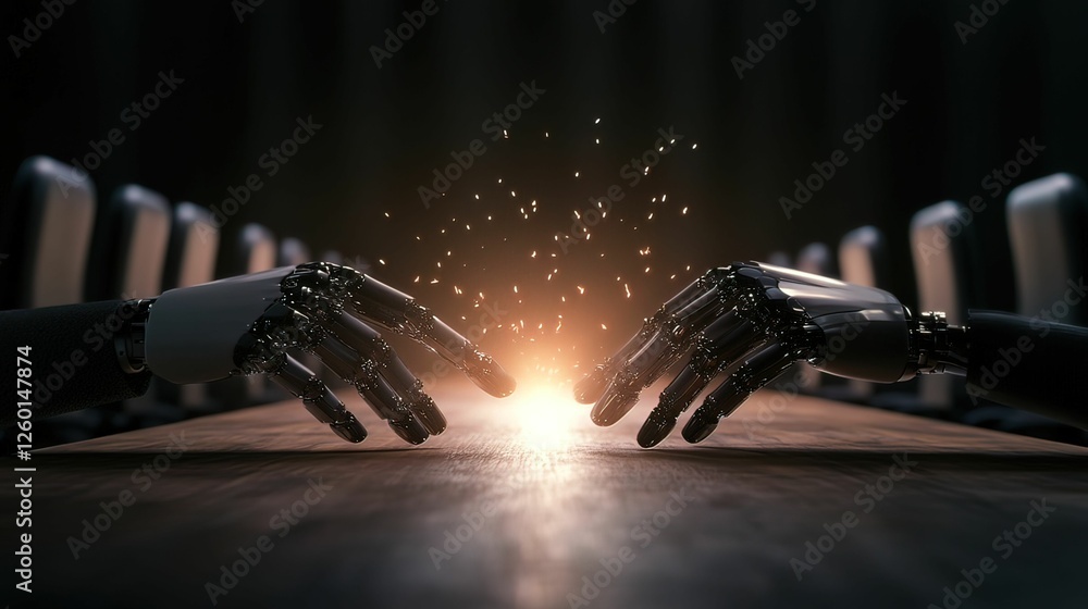 Poster two robotic hands reach towards each other, creating sparks of light, symbolizing connection and tec