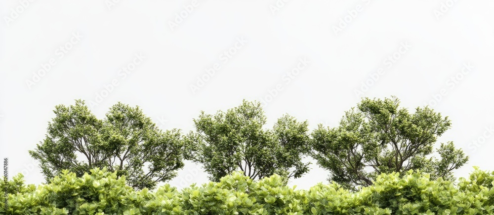 Poster isolated green trees with lush foliage positioned at the bottom against a serene white background sh