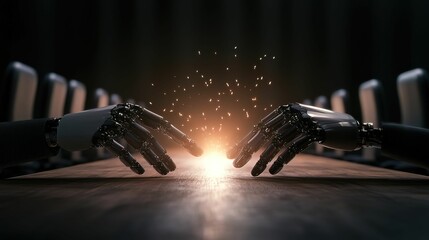 Two robotic hands reach towards each other, creating sparks of light, symbolizing connection and technological advancement.