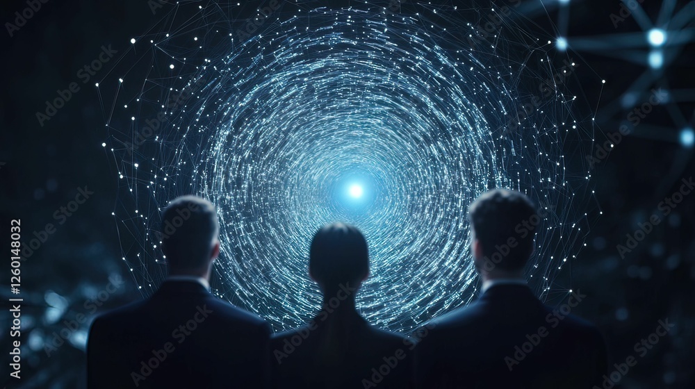 Poster three figures stand before a swirling vortex of light and particles, suggesting themes of exploratio