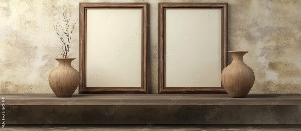 Poster Wooden vases and two empty frames on a rustic shelf against a textured wall create a minimalist, chic ambiance in a modern living room design