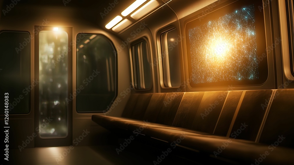 Poster a futuristic subway interior with glowing lights and cosmic views through the windows, creating a su