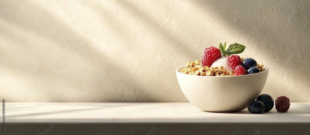 Aufkleber homemade granola in a white bowl with fresh raspberries and blueberries on a soft beige background w