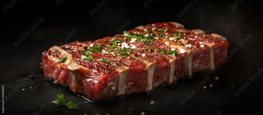 Poster savory uncooked pork steak garnished with fresh herbs on a dark background highlighting its rich col