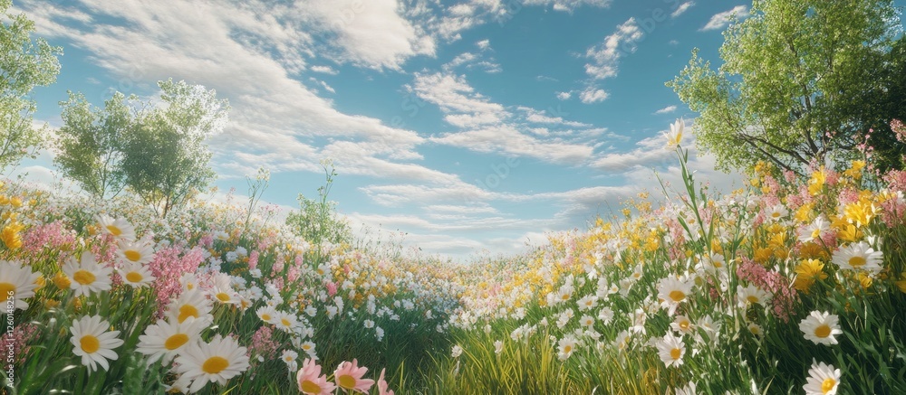 Poster vibrant spring flower field with pink and white blooms under a bright blue sky with fluffy clouds an