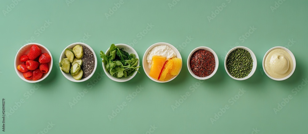Poster Colorful array of fresh vegetables and fruits in white bowls arranged horizontally on a soft green background, showcasing healthy ingredients.
