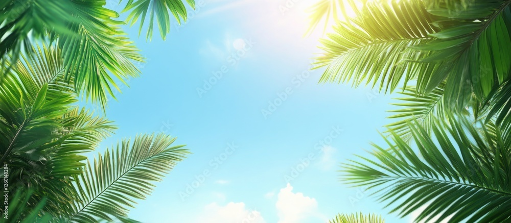 Poster lush green palm leaves frame a bright blue sky with soft clouds and sunlight creating a vibrant summ