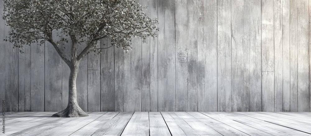 Poster gray tree silhouette against a textured vintage wooden backdrop in a spacious contemporary setting f