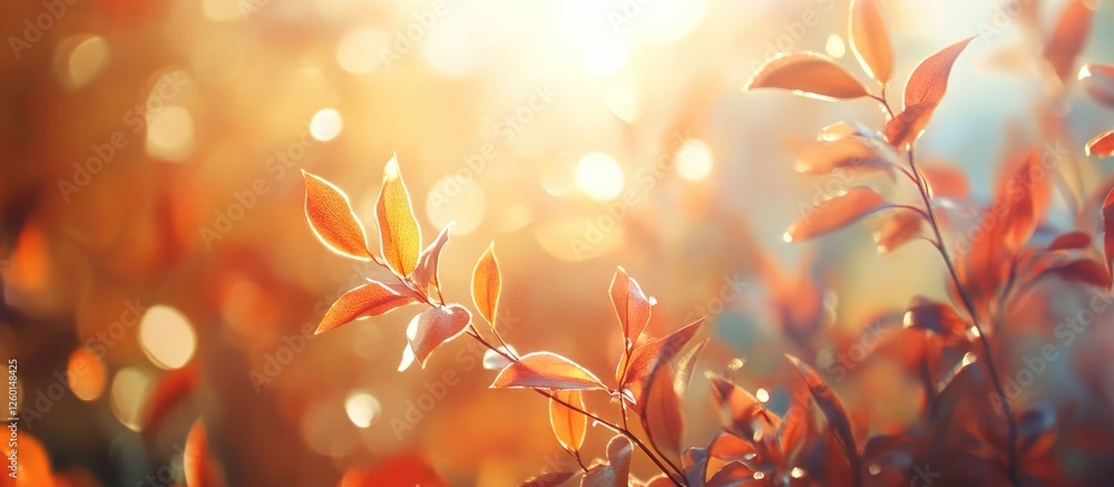 Aufkleber Close up of vibrant golden yellow orange and red maple leaves illuminated by sunlight against a blurred background with soft bokeh effects
