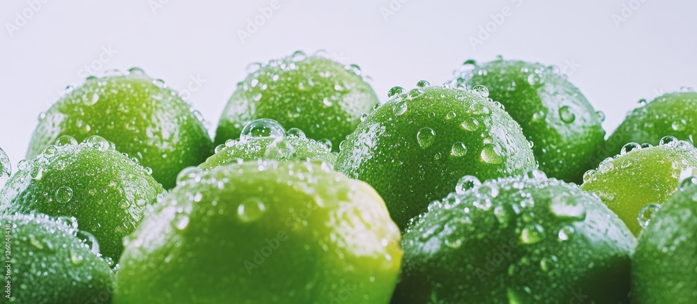Poster fresh green limes arranged in a row with glistening water droplets on a clean white background highl