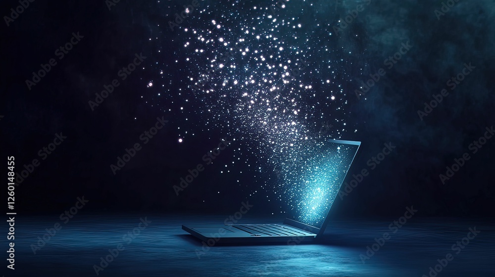 Poster a glowing laptop emits a cascade of sparkling particles, creating a mystical and digital atmosphere 
