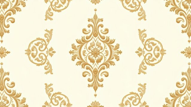 Elegant gold damask pattern on a cream background.  This seamless design features intricate swirls and floral motifs, perfect for luxurious designs.