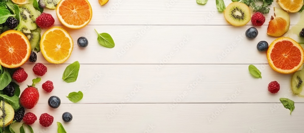Poster colorful assortment of fruits and greens arranged around a white wooden background top view with amp