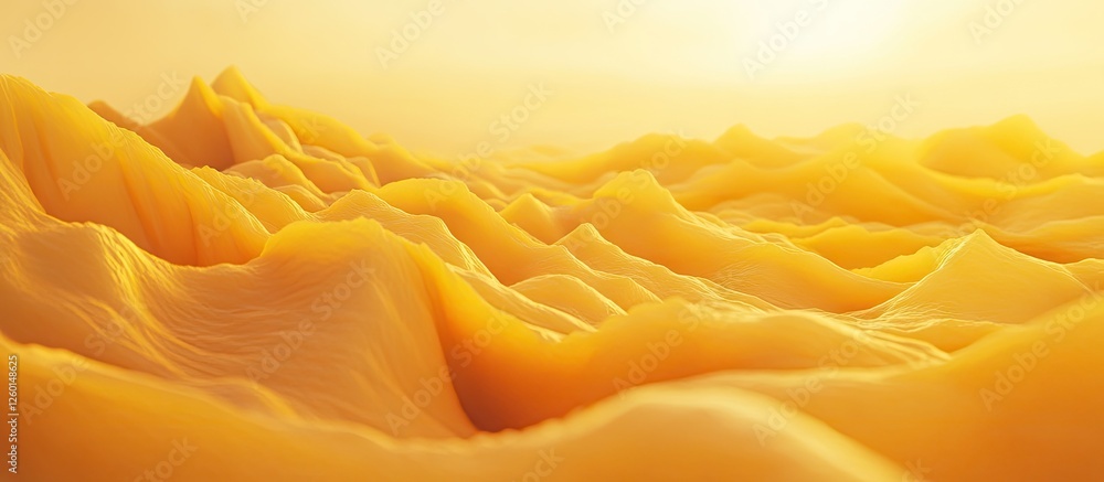 Poster golden landscape with soft undulating hills in warm yellow tones under a radiant golden sky, creatin
