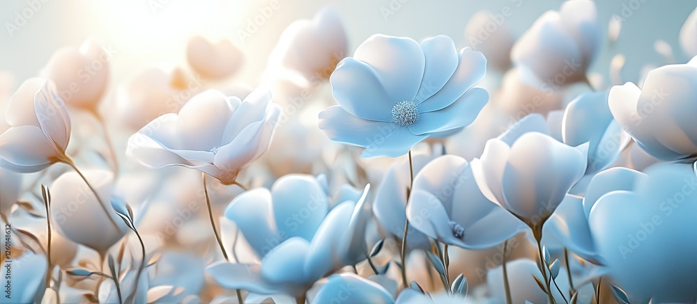 Poster Spring floral field with delicate light blue poppies softly illuminated by warm sunlight, creating a serene and dreamy atmosphere.